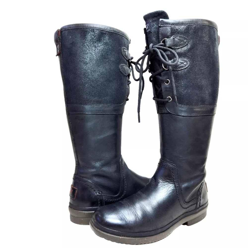 UGG Black Leather Lace-Up Boots